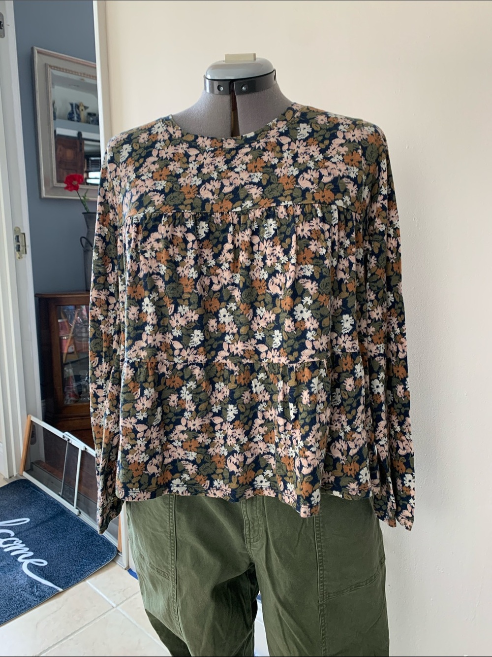 Sonoma Floral Long-Sleeve Blouse in Olive Green, Pink and Tan